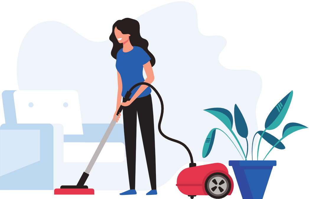 Illustration of a Mrs. Clean Pittsburgh cleaner vacuuming a living room