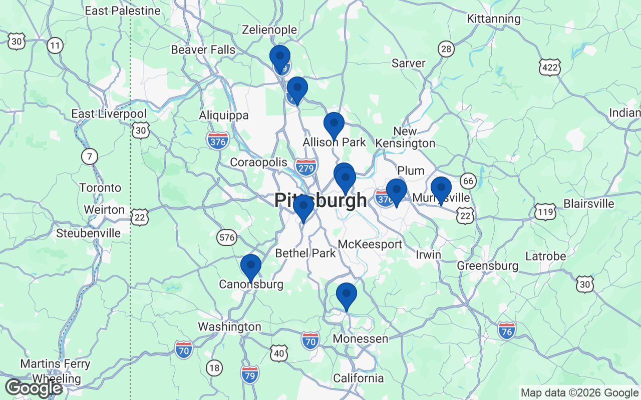 Map of the greater Pittsburgh area showing Mrs. Clean Pittsburgh service communities, including Monroeville, Murrysville, Wexford, Allison Park, Cranberry Township, Shadyside, Squirrel Hill, Mount Lebanon, Canonsburg and Monongahela.